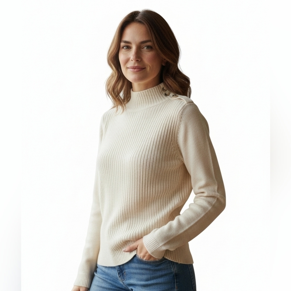CHELSEA & THEODORE Silk-Blend Ribbed Turtleneck Top – Ivory | S